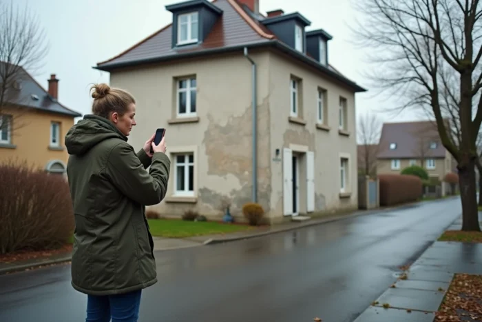 Propriétaire photographiant avec son smartphone les dégâts visibles sur la façade de sa maison après un hiver pluvieux