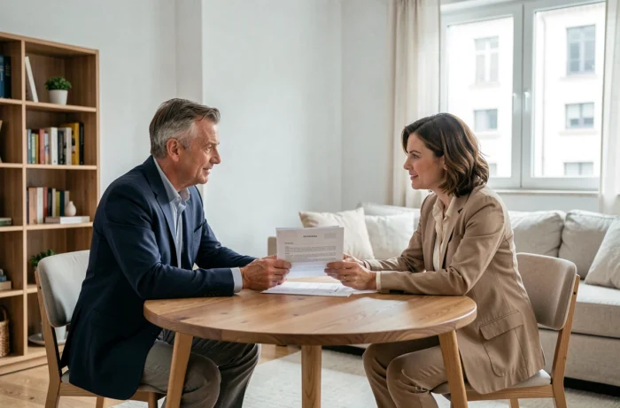 Propriétaire et locataire discutant des termes d'un bail de 3 mois renouvelable autour d'une table