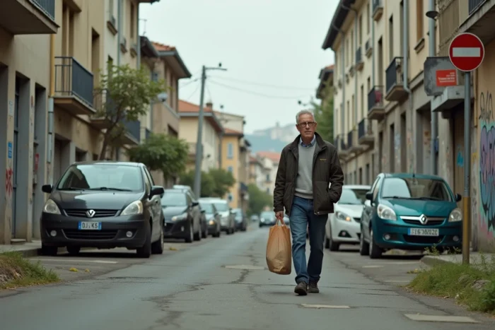 Rue d'un quartier populaire de Montpellier avec immeubles vétustes et trottoirs dégradés