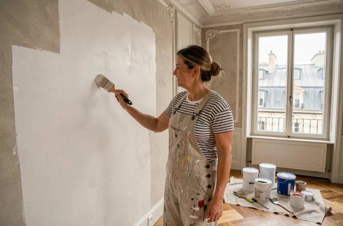 Femme en salopette en lin appliquant de la peinture blanche sur un mur dans un appartement haussmannien parisien avec parquet en point de Hongrie