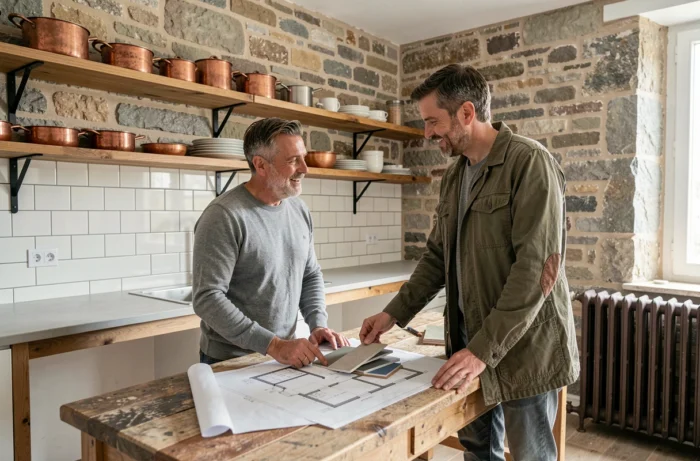 Couple examinant des échantillons de matériaux et des plans dans une cuisine parisienne en cours de rénovation avec murs en pierre apparente