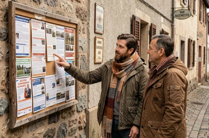 Groupe de résidents consultant un tableau d'affichage communautaire dans une rue de village français avec des annonces locales et événements affichés