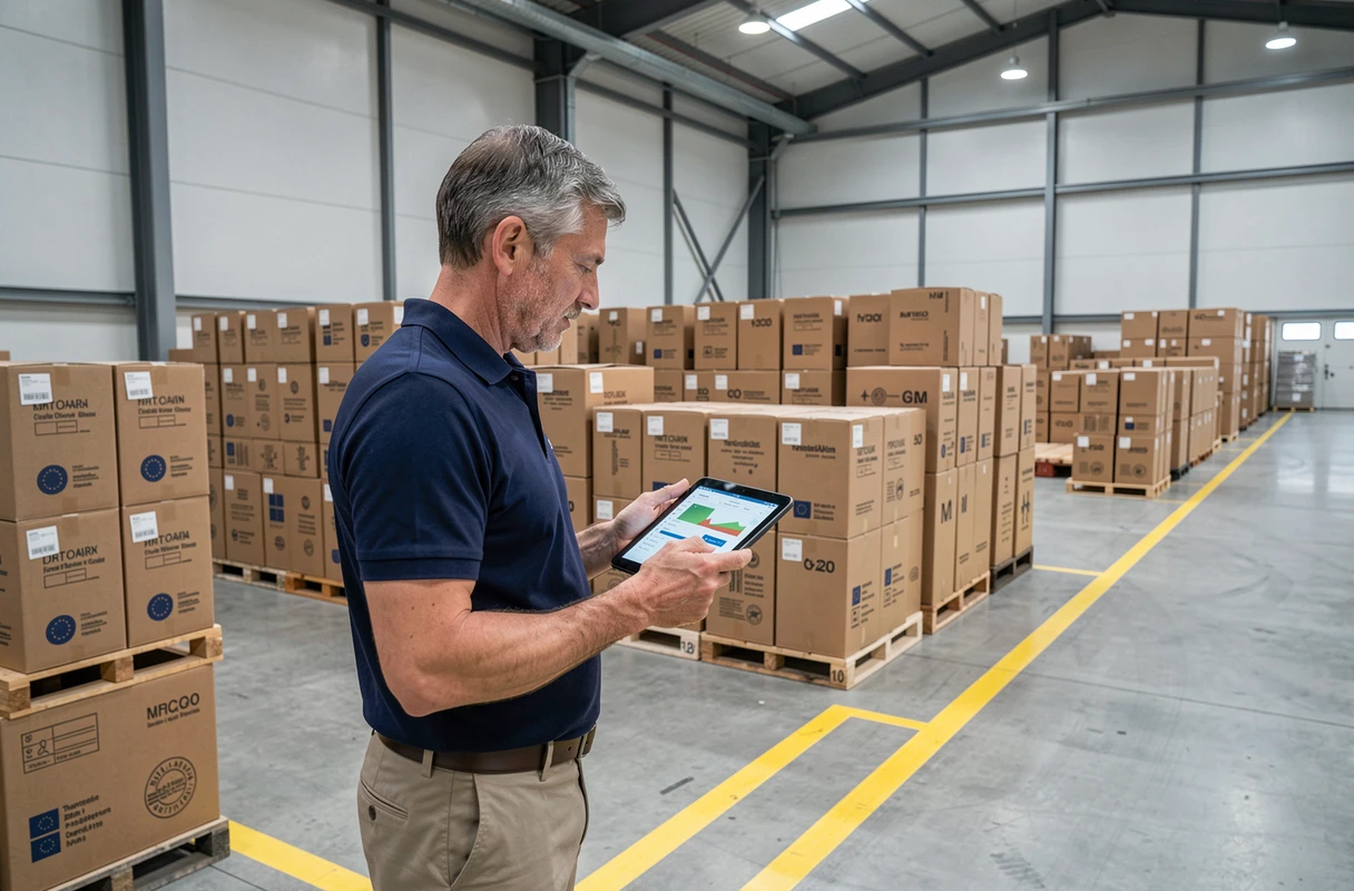 Responsable logistique consultant un tableau de bord de traçabilité numérique dans un entrepôt de distribution européen
