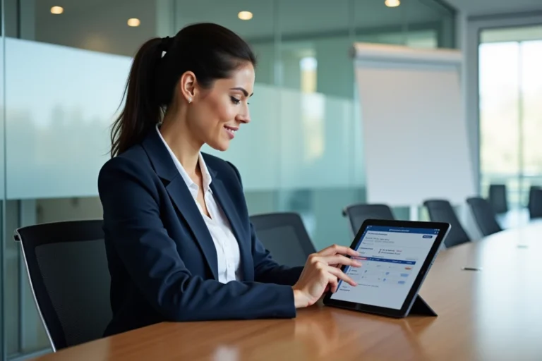 Une responsable RH évalue une plateforme d'apprentissage en ligne sur tablette dans une salle de réunion moderne en entreprise