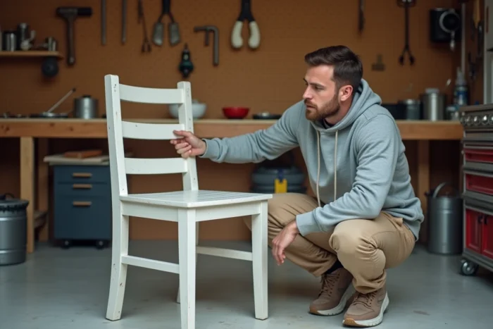 Homme inspectant le résultat d'une peinture Libéron mate sur une chaise en bois dans un garage