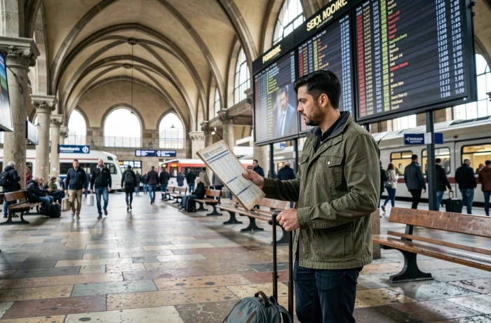 Homme avec un sac à dos consultant un itinéraire multimodal Rome2Rio dans une grande gare européenne