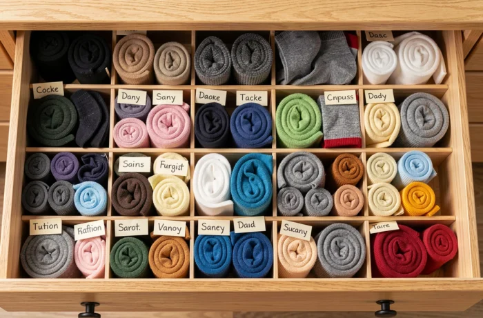 Tiroir à chaussettes organisé avec des paires étiquetées par jour pour assurer une rotation régulière