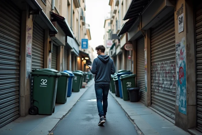 Ruelle étroite d'un quartier défavorisé de Montpellier avec devantures taguées