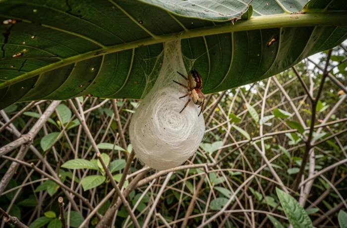 Sac d'œufs d'araignée couteau protégé par la femelle sous une feuille tropicale dans le bushveld sud-africain