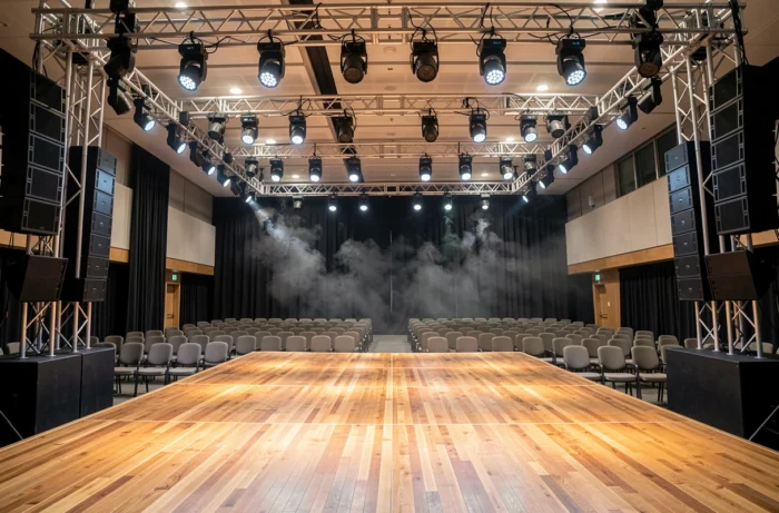 Scène événementielle équipée de systèmes audio et lumière professionnels dans une salle de conférence