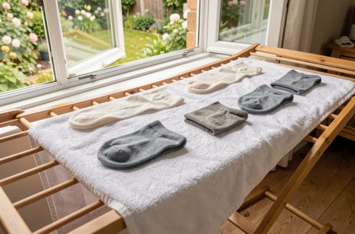 Chaussettes séchant à plat sur une serviette posée sur un séchoir en bois près d'une fenêtre ouverte