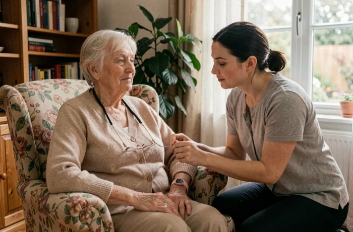 Une aide à domicile vérifie le bien-être d'une femme âgée assise dans son fauteuil, service de veille à domicile pour personnes âgées