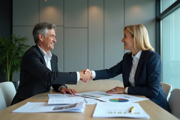 Signature et finalisation d'un contrat Previlion entre professionnels en salle de réunion