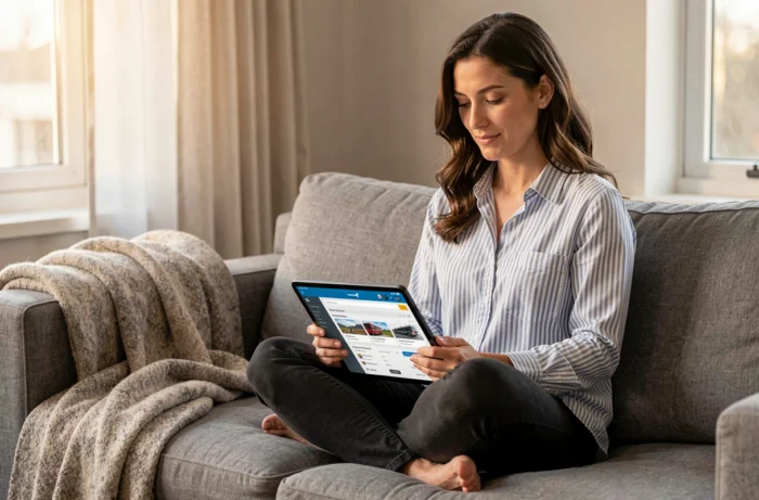 Femme utilisant Skyscanner sur une tablette pour rechercher des options de transport multimodales