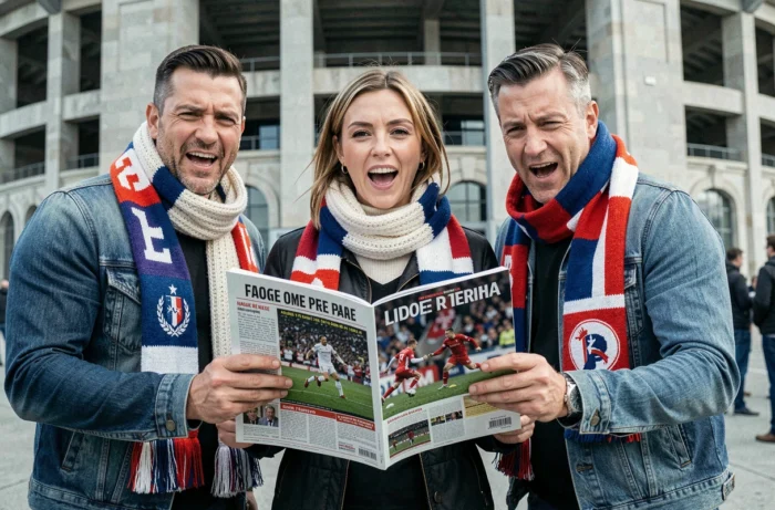 Supporters français enthousiastes tenant un magazine de foot devant un stade avant un match
