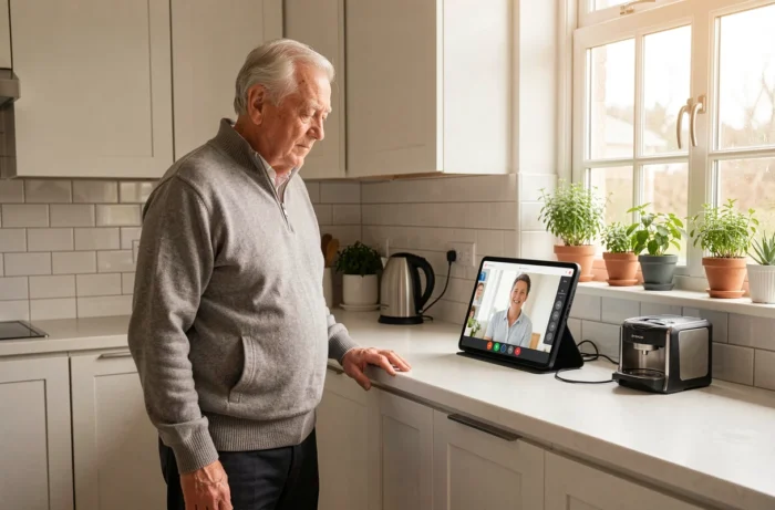 Un homme âgé en communication vidéo avec un coordinateur de soins depuis sa cuisine, technologie de surveillance à domicile pour seniors