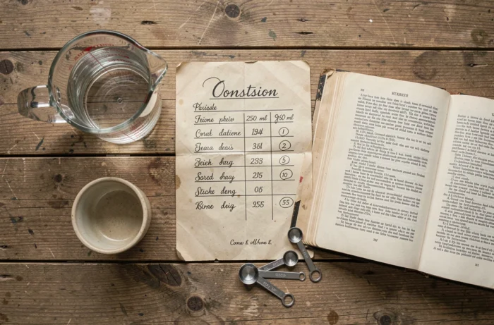 Vue de dessus d'un tableau de conversion millilitres centilitres manuscrit posé sur une table en bois avec un verre doseur