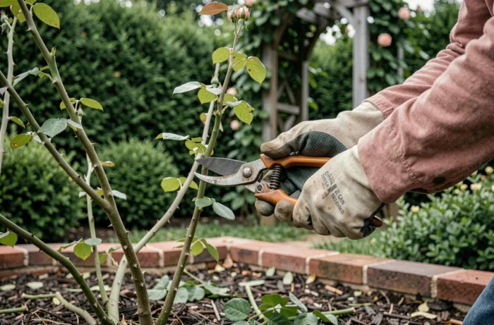 Gros plan sur des mains gantées taillant un rosier avec un sécateur dans un jardin fleuri