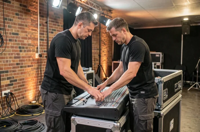 Technicien son ajustant une console de mixage professionnelle en coulisses d'un événement