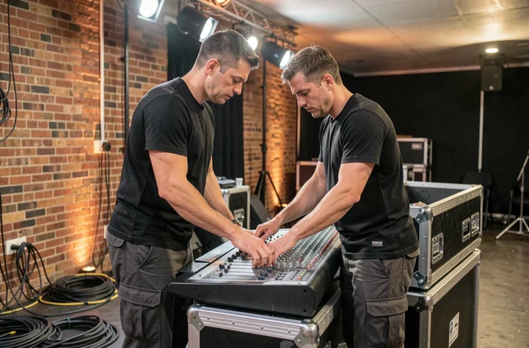 Technicien son ajustant une console de mixage professionnelle en coulisses d'un événement