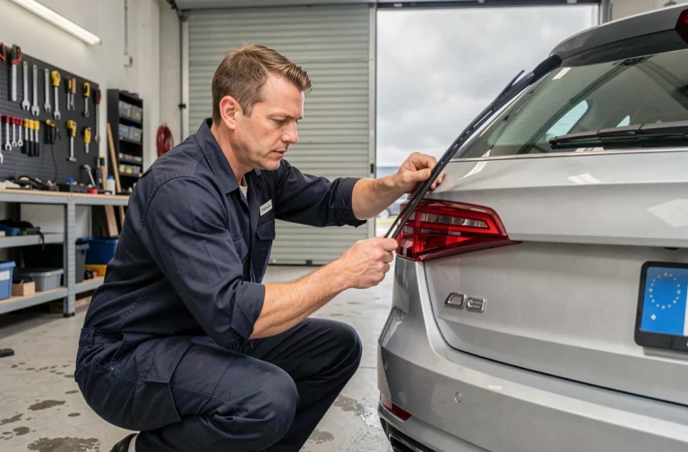 Technicien automobile inspectant l'essuie-glace arrière d'une Audi A4 dans un garage professionnel
