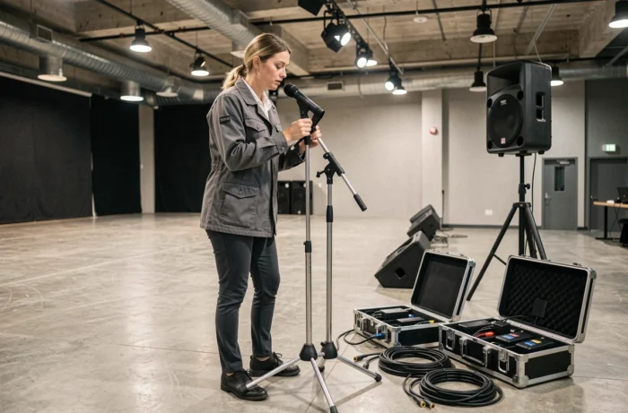 Technicienne installant un système de microphones sans fil pour un événement professionnel