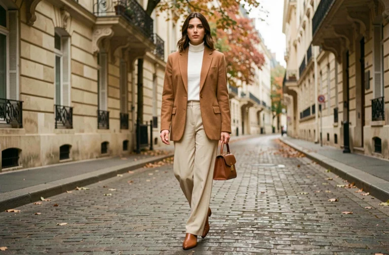 Femme portant un blazer camel oversize et un pantalon large ecru dans une rue pavée parisienne, look tendance mode automne-hiver