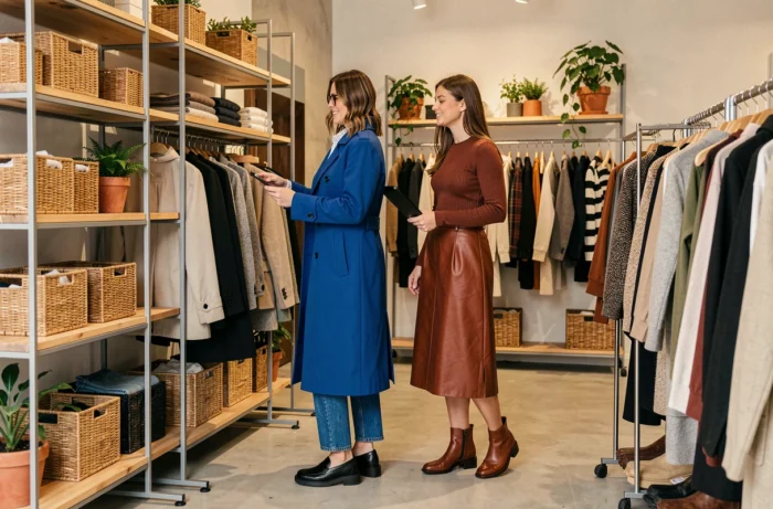 Deux femmes aux looks tendance automne dans un concept store avec trench cobalt et jupe cuir rouille, mode saison incontournable