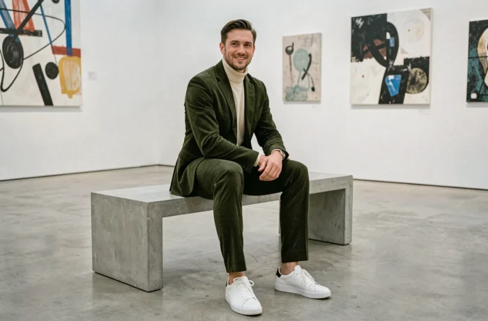 Homme en costume velours côtelé vert forêt et sneakers blanches assis dans une galerie d'art moderne, tendances mode masculine saison