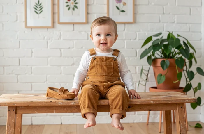 Bébé habillé avec style en salopette caramel et body blanc posé sur un banc en bois dans un salon scandinave