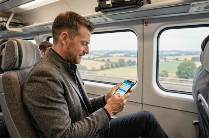Voyageur consultant son billet de train Trainline sur smartphone dans un train européen moderne