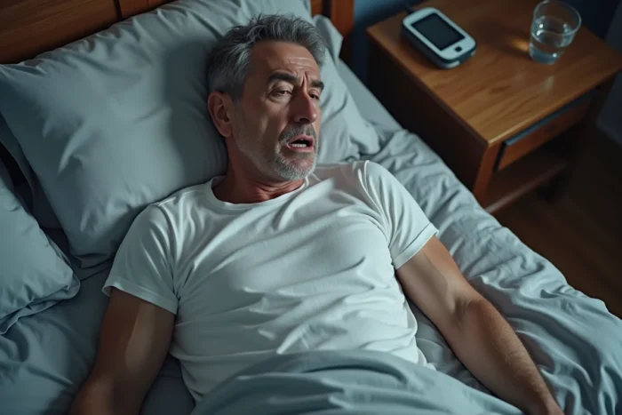 Homme diabétique souffrant de transpiration nocturne dans son lit, avec des draps froissés et un glucomètre posé sur la table de chevet