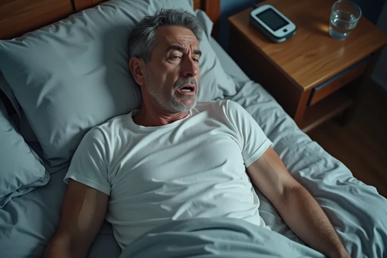 Homme diabétique souffrant de transpiration nocturne dans son lit, avec des draps froissés et un glucomètre posé sur la table de chevet