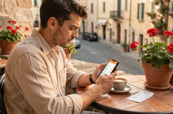 Voyageur consultant l'application TravelSpend pour suivre son budget de voyage sur une terrasse méditerranéenne