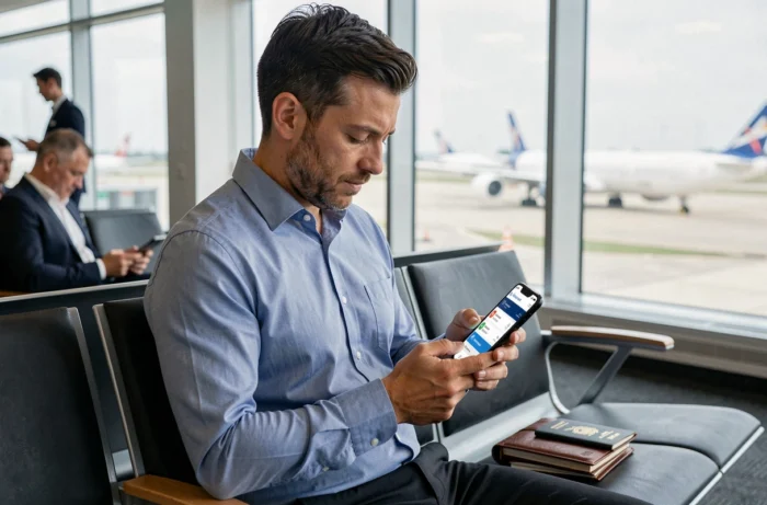 Voyageur organisant tous ses documents de voyage dans l'application TripIt dans un salon d'aéroport moderne
