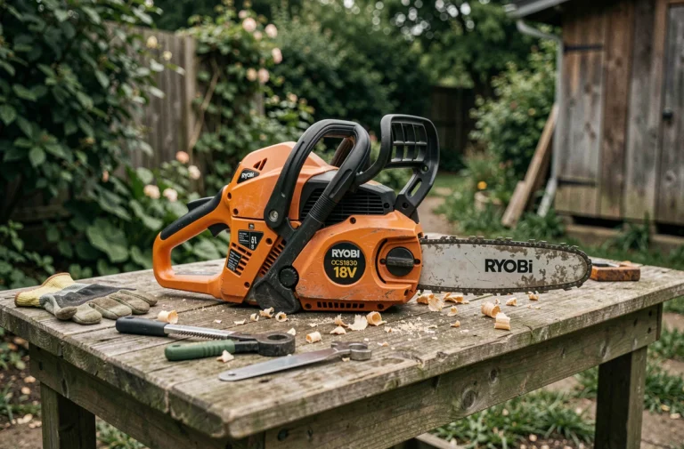 Tronçonneuse sans fil Ryobi OCS1830 18V posée sur un établi en bois dans un atelier de jardin