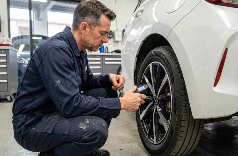Mécanicien vérifiant la pression des pneus d'une Toyota Yaris hybride blanche avec un manomètre numérique dans un garage professionnel