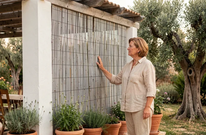 Femme inspectant une canisse en bambou vieillie et grisée sur une pergola de style méditerranéen avec des pots en terre cuite