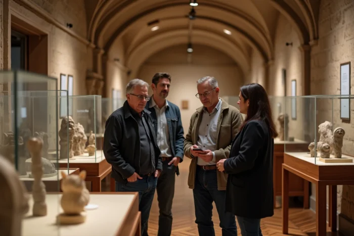 Groupe de visiteurs adultes examinant des objets exposés dans des vitrines d'un musée historique aux voûtes en pierre