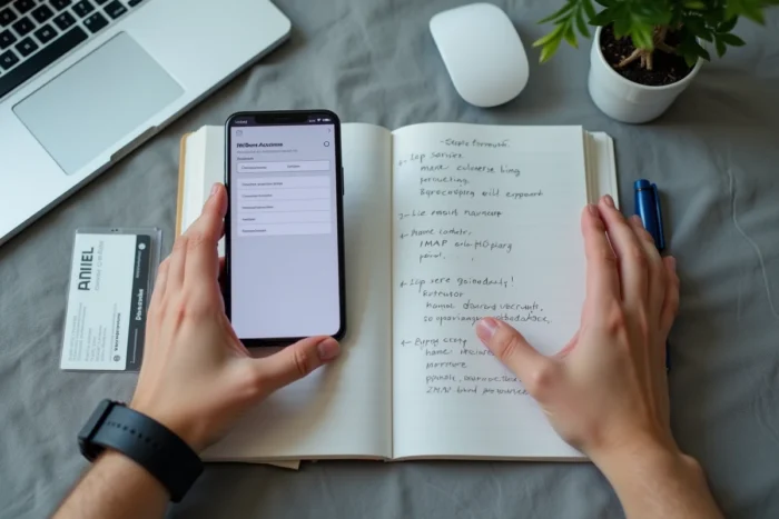 Vue aérienne d'un smartphone affichant la configuration IMAP Zimbra Unicaen avec notes manuscrites et carnet étudiant