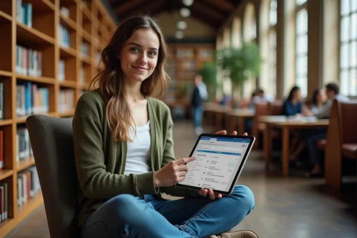 Jeune femme consultant le webmail de l'académie de Créteil sur une tablette dans une bibliothèque universitaire