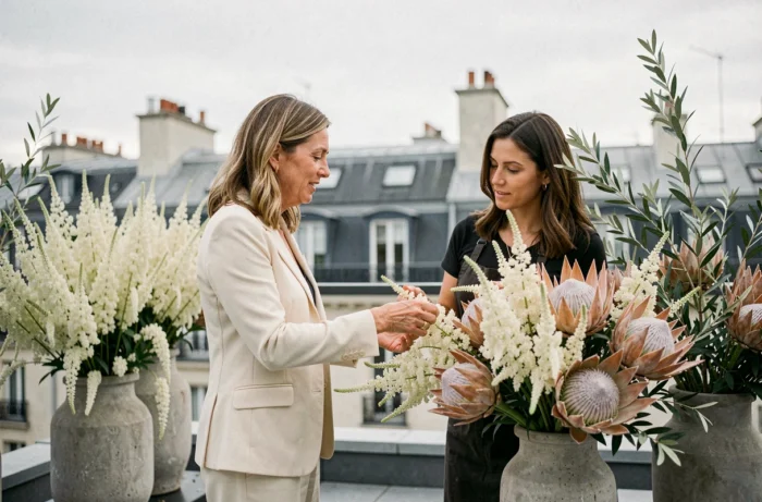 Wedding planner et fleuriste discutant des dernières tendances florales pour un mariage sur un rooftop parisien