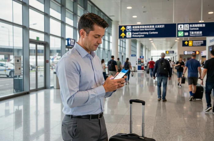 Voyageur vérifiant son solde multi-devises sur l'application Wise dans un terminal d'aéroport international